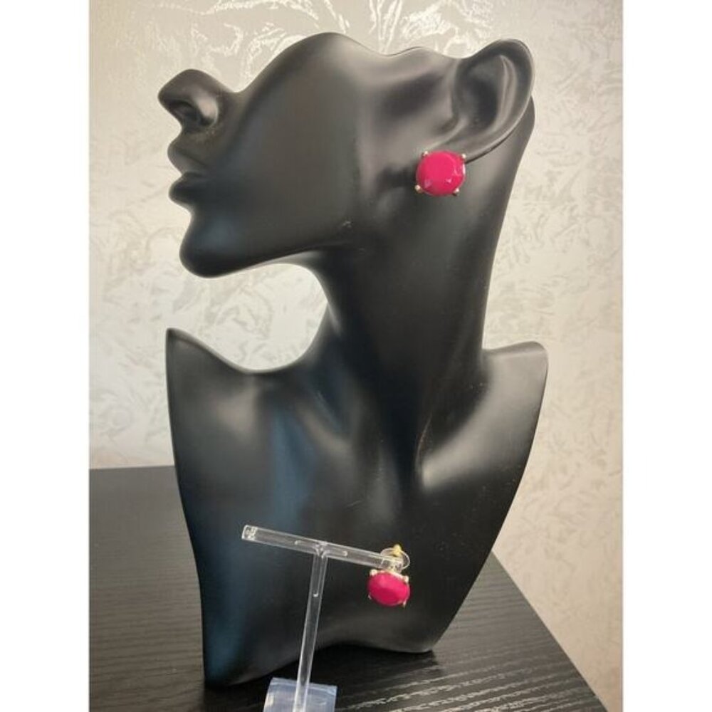 Button Stud Earrings Gold Tone Pink Retro Mid Century Modernist Boho Pierce